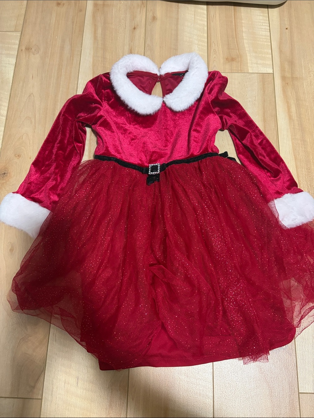 Girls' Red Holiday Santa Tulle Dress with White Faux Fur Trim